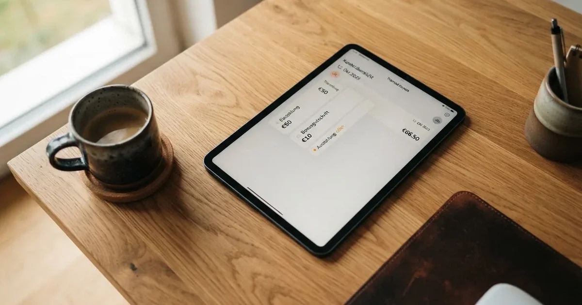 Nahaufnahme eines Tablet-Bildschirms mit einer Transaktionsliste, in der Einzahlung, Bonusgutschrift und Auszahlungsstatus untereinander aufgefuehrt sind.