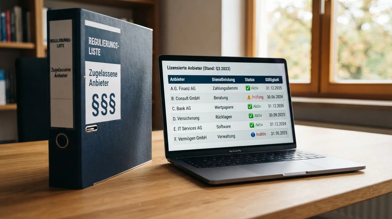 Nahaufnahme eines Aktenordners mit Paragraphenzeichen auf dem Ruecken, daneben ein aufgeklapptes Notebook mit einer Uebersichtsliste lizenzierter Anbieter.