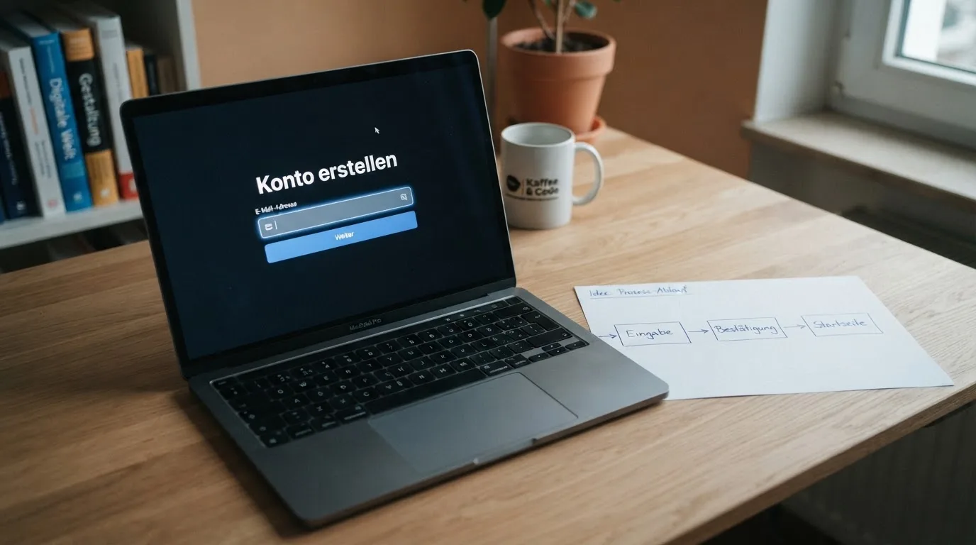 Nahaufnahme eines Laptop-Bildschirms mit einem Formular zur Kontoeroeffnung, daneben ein Blatt Papier mit einer handgezeichneten Ablaufskizze.