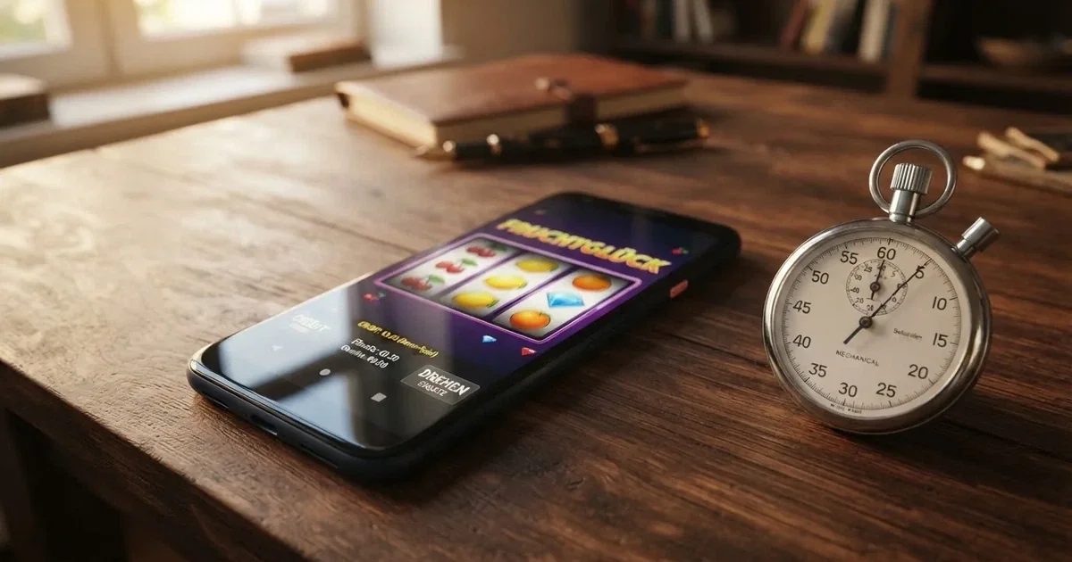 Draufsicht auf ein Smartphone mit einem digitalen Walzenspiel im Demomodus, daneben eine Stoppuhr, die den Abstand zwischen zwei Spins anzeigt.