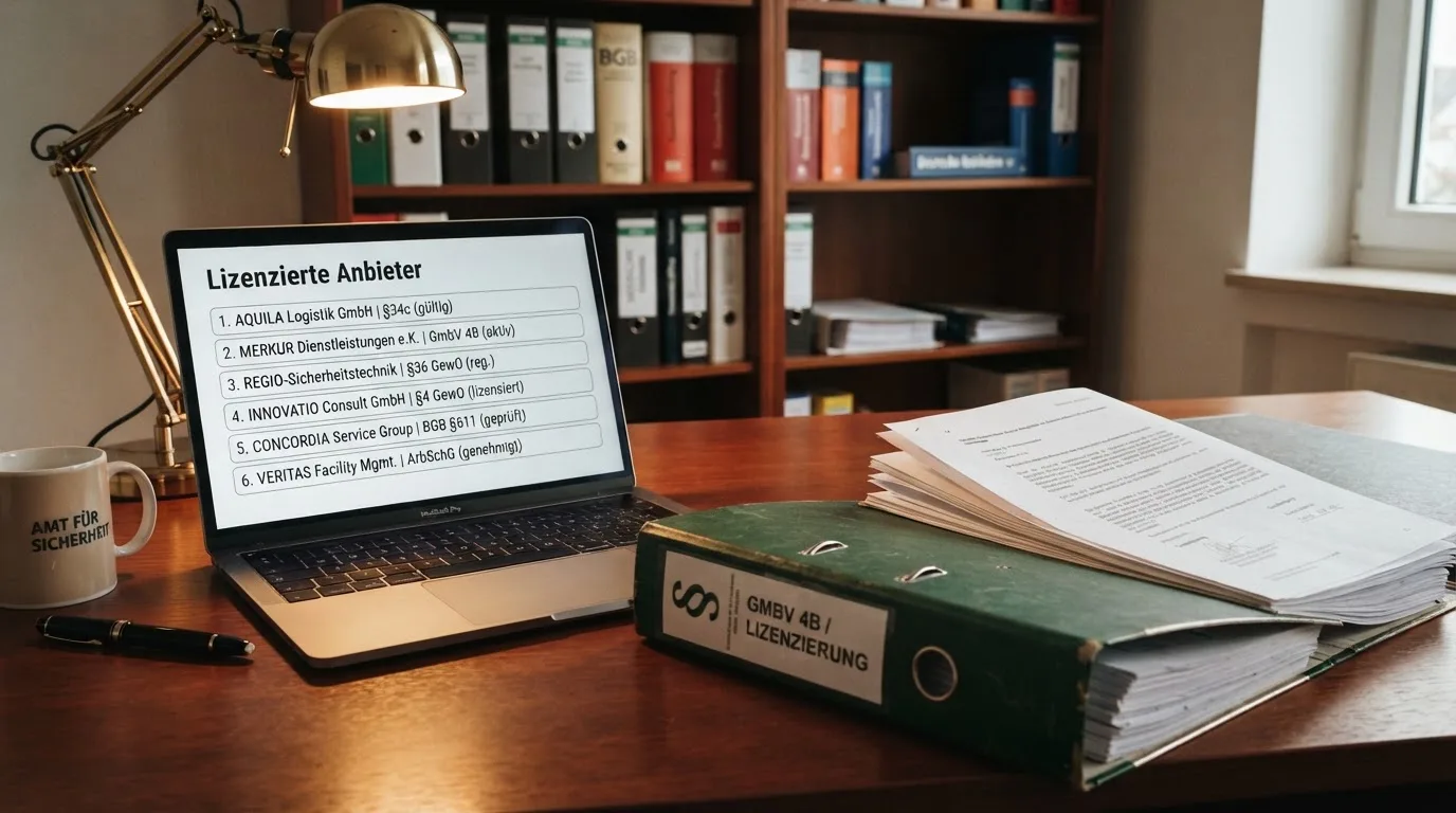 Nahaufnahme eines Aktenordners mit Paragraphenzeichen auf dem Ruecken, daneben ein aufgeklapptes Notebook mit einer Uebersichtsliste lizenzierter Anbieter.