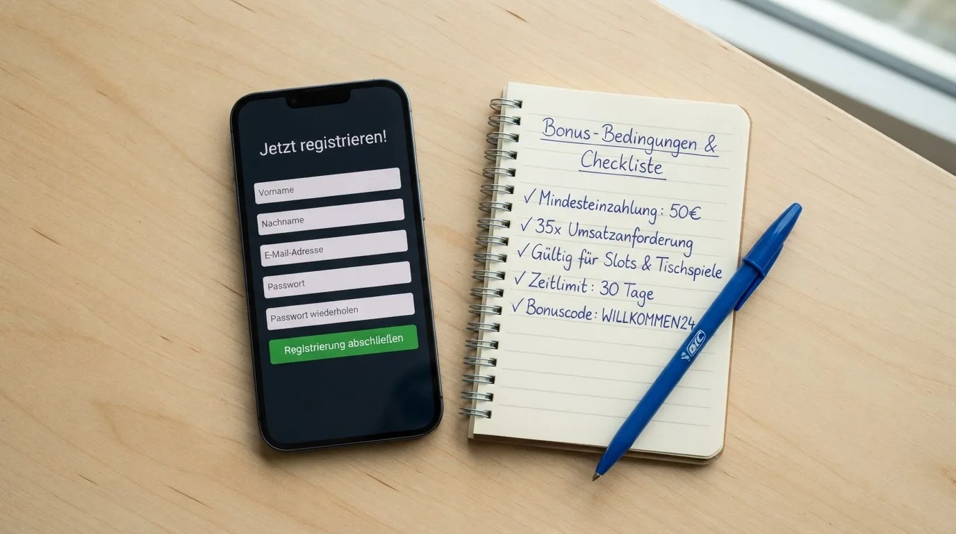 Draufsicht auf ein Smartphone mit einer geoeffneten Registrierungsmaske fuer ein Spielerkonto, daneben ein Notizblock mit handschriftlichen Bonusbedingungen.
