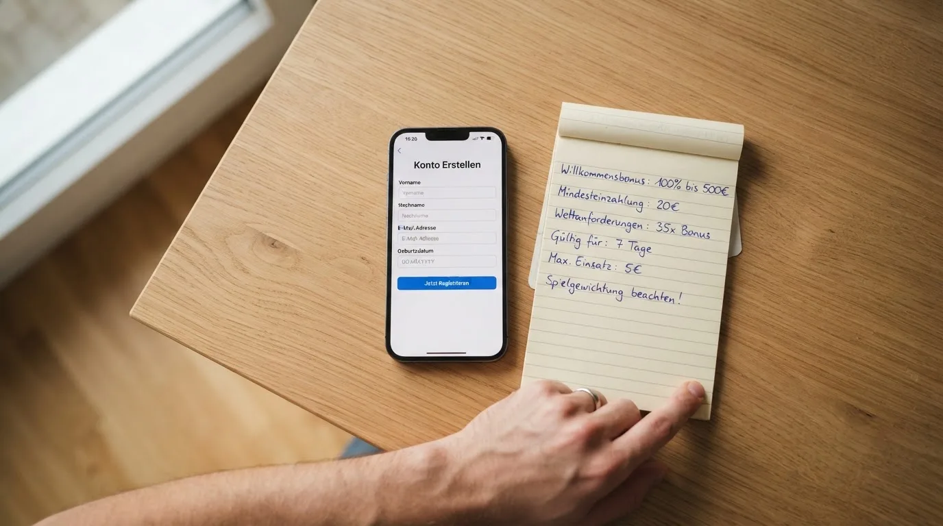 Draufsicht auf ein Smartphone mit einer geoeffneten Registrierungsmaske fuer ein Spielerkonto, daneben ein Notizblock mit handschriftlichen Bonusbedingungen.
