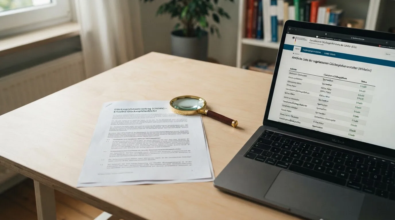 Schreibtisch mit einem ausgedruckten Gesetzestext, einer Lupe und einem Laptop, auf dessen Bildschirm eine Behoerdenwebsite mit einer Liste erlaubter Anbieter zu sehen ist.