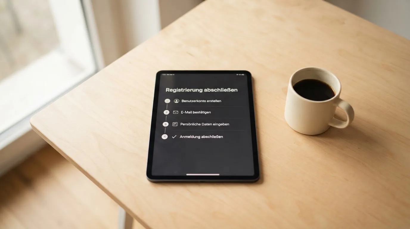 Schreibtisch mit einem Tablet, auf dem ein Schema mit nummerierten Schritten eines Anmeldevorgangs zu sehen ist, daneben ein Kaffeebecher.