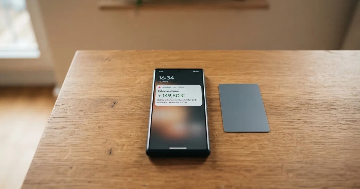 Schreibtisch mit einem Smartphone, auf dessen Bildschirm eine Kontobewegung mit Datum und Betrag in Euro angezeigt wird, daneben eine Bankkarte.