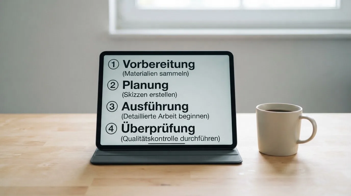 Schreibtisch mit einem Tablet, auf dem ein Schema mit nummerierten Schritten eines Anmeldevorgangs zu sehen ist, daneben ein Kaffeebecher.
