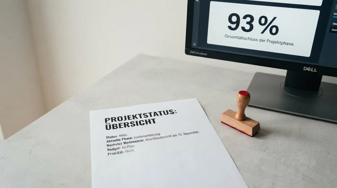 Schreibtisch mit einem gedruckten Amtsdokument, einem Stempel und einem Bildschirm, auf dem eine offizielle Whitelist-Tabelle angezeigt wird.