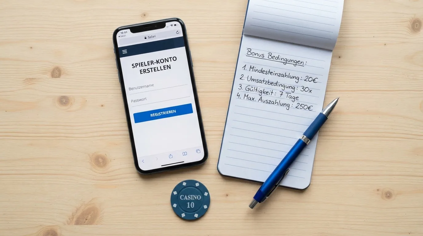 Draufsicht auf ein Smartphone mit einer geoeffneten Registrierungsmaske fuer ein Spielerkonto, daneben ein Notizblock mit handschriftlichen Bonusbedingungen.