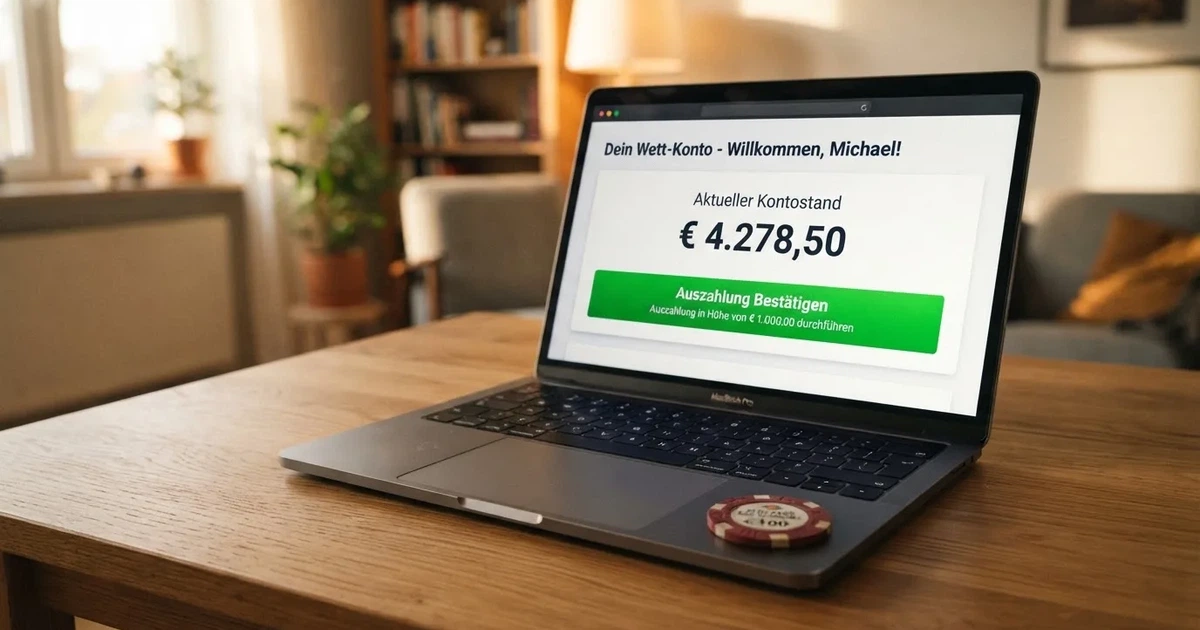 Nahaufnahme eines Laptop-Bildschirms mit einer Kontouebersicht, auf der ein Guthabenbetrag in Euro und ein Auszahlungsstatus zu sehen sind.
