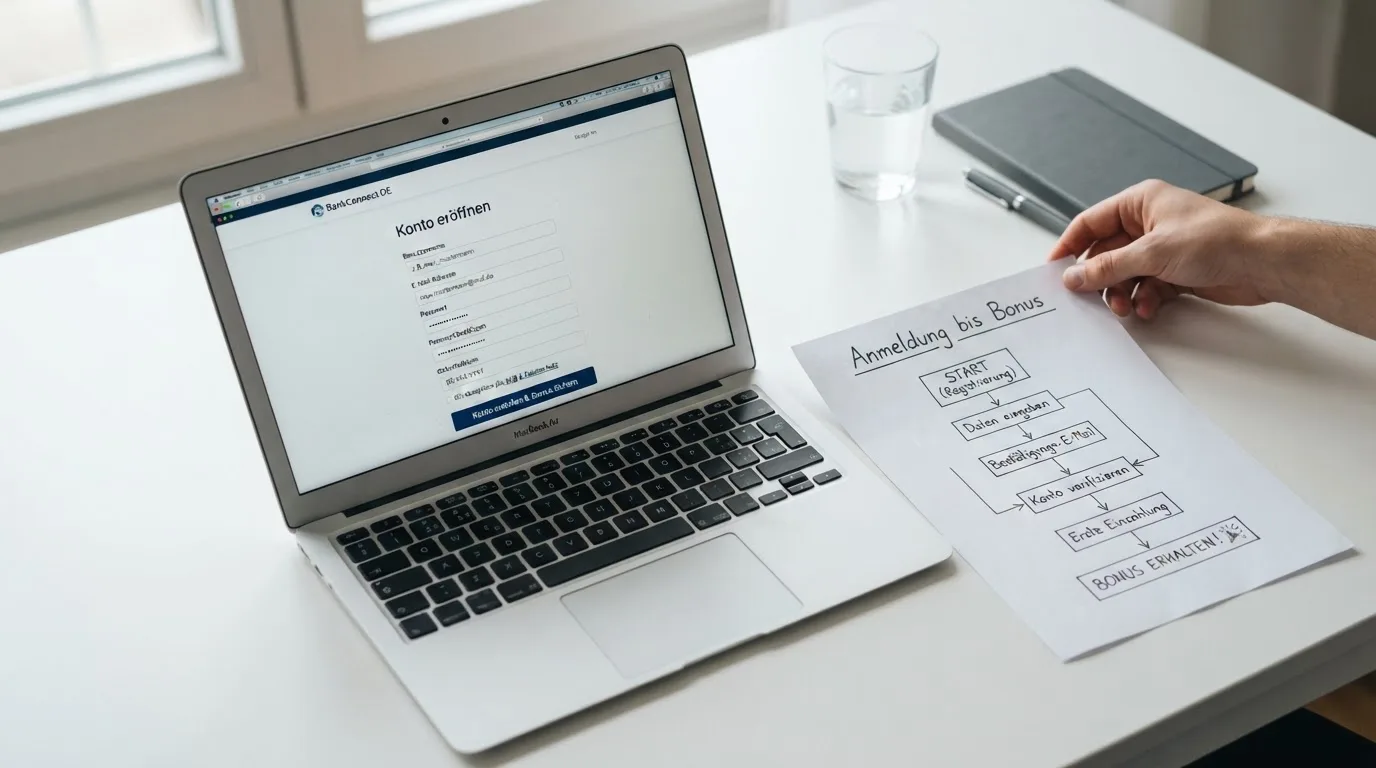 Nahaufnahme eines Laptop-Bildschirms mit einem Formular zur Kontoeroeffnung, daneben ein Blatt Papier mit einer handgezeichneten Ablaufskizze.