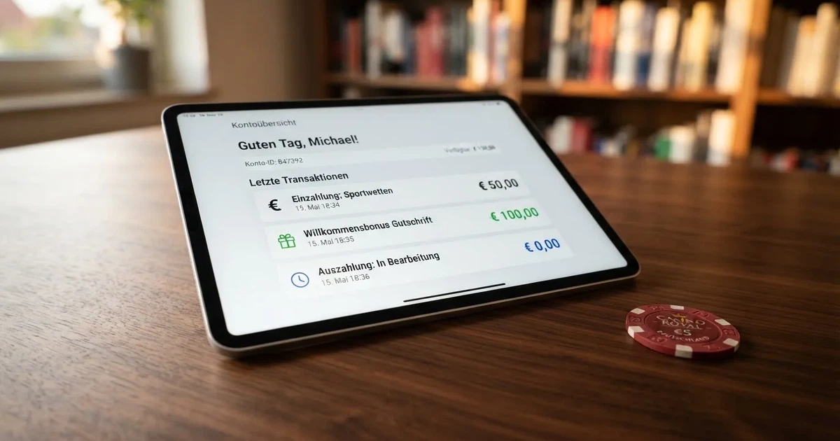Nahaufnahme eines Tablet-Bildschirms mit einer Transaktionsliste, in der Einzahlung, Bonusgutschrift und Auszahlungsstatus untereinander aufgefuehrt sind.