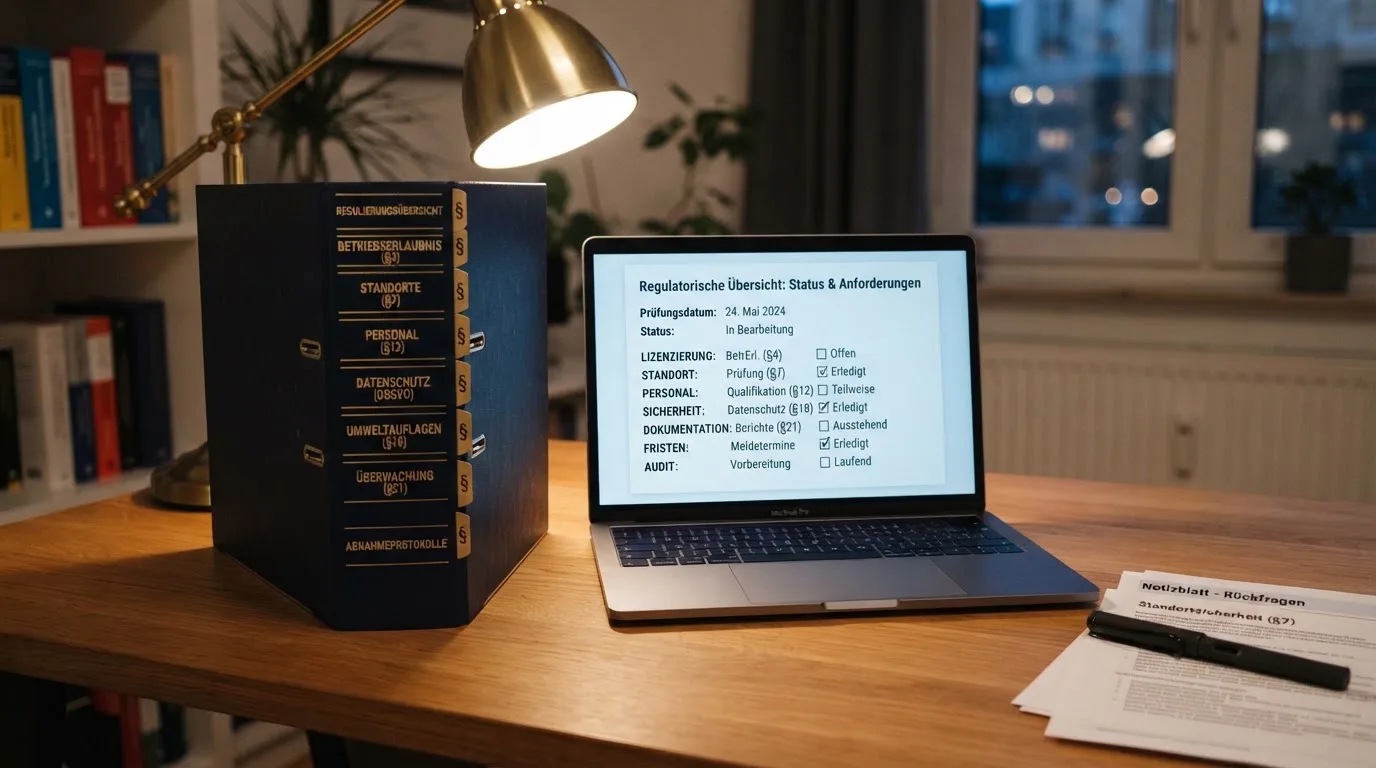Nahaufnahme eines Aktenordners mit Paragraphenzeichen auf dem Ruecken, daneben ein aufgeklapptes Notebook mit einer Uebersichtsliste lizenzierter Anbieter.