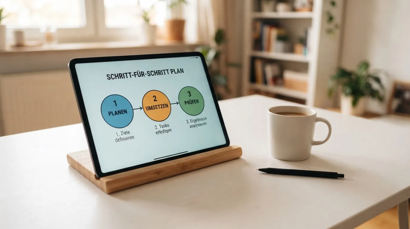 Schreibtisch mit einem Tablet, auf dem ein Schema mit nummerierten Schritten eines Anmeldevorgangs zu sehen ist, daneben ein Kaffeebecher.
