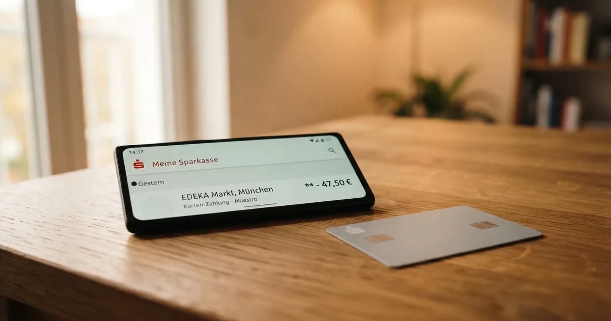 Schreibtisch mit einem Smartphone, auf dessen Bildschirm eine Kontobewegung mit Datum und Betrag in Euro angezeigt wird, daneben eine Bankkarte.