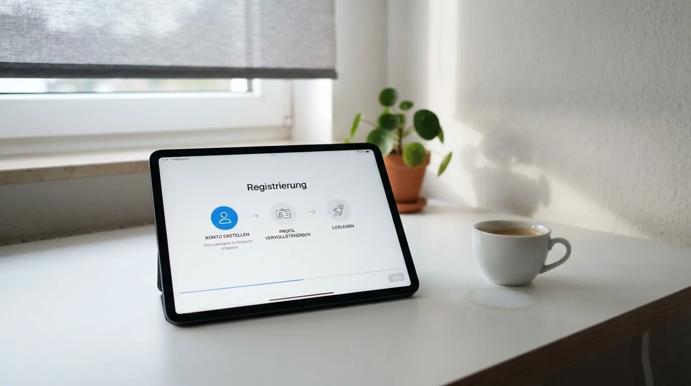 Schreibtisch mit einem Tablet, auf dem ein Schema mit nummerierten Schritten eines Anmeldevorgangs zu sehen ist, daneben ein Kaffeebecher.