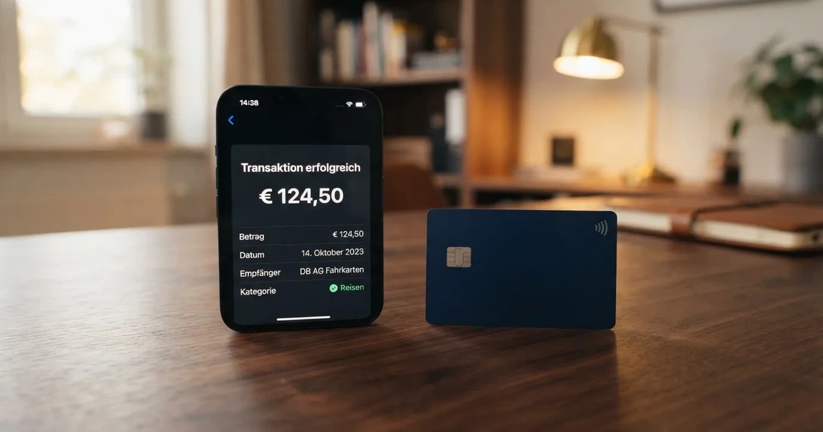 Schreibtisch mit einem Smartphone, auf dessen Bildschirm eine Kontobewegung mit Datum und Betrag in Euro angezeigt wird, daneben eine Bankkarte.