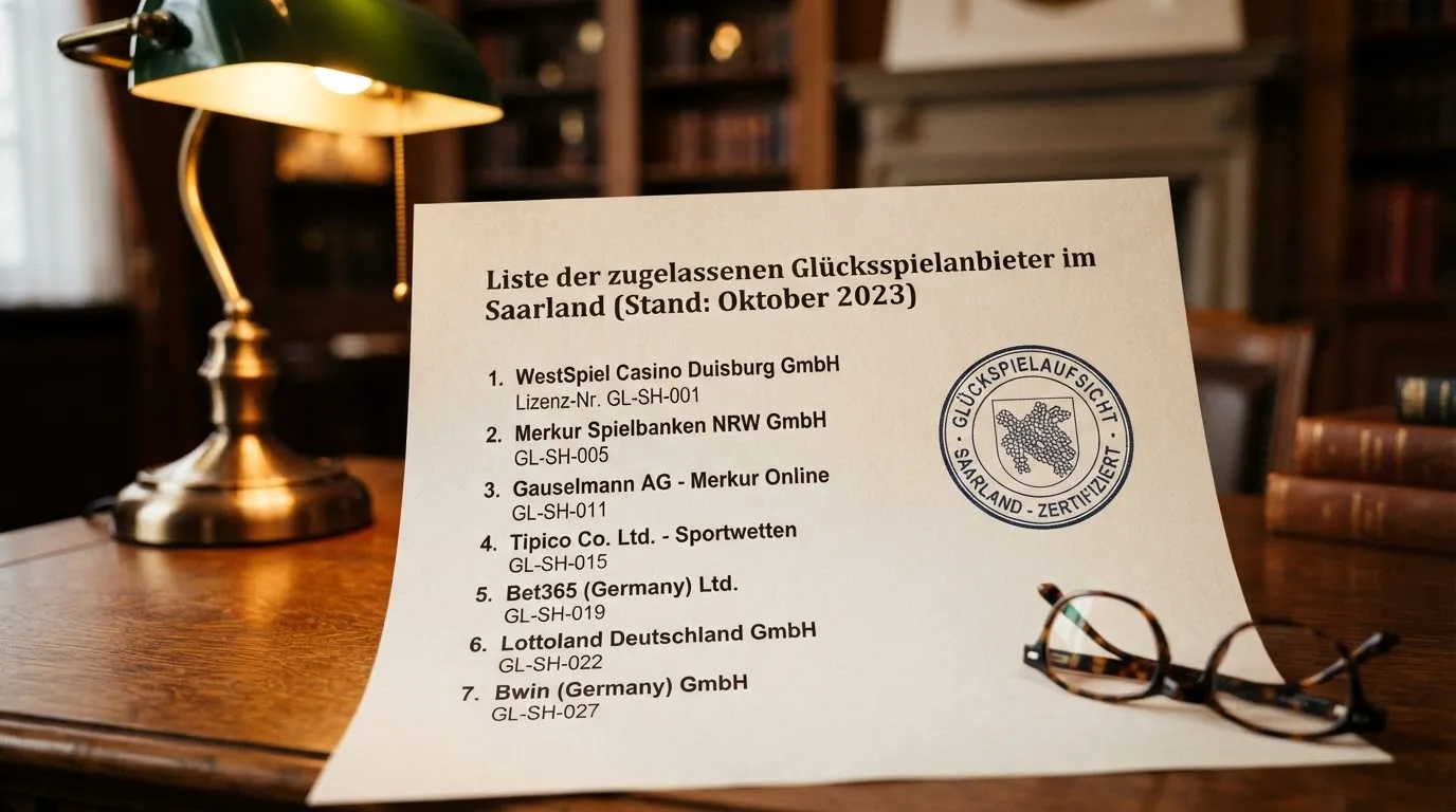 Nahaufnahme einer gedruckten Liste zugelassener Glücksspielanbieter neben einem amtlichen Prüfsiegel.