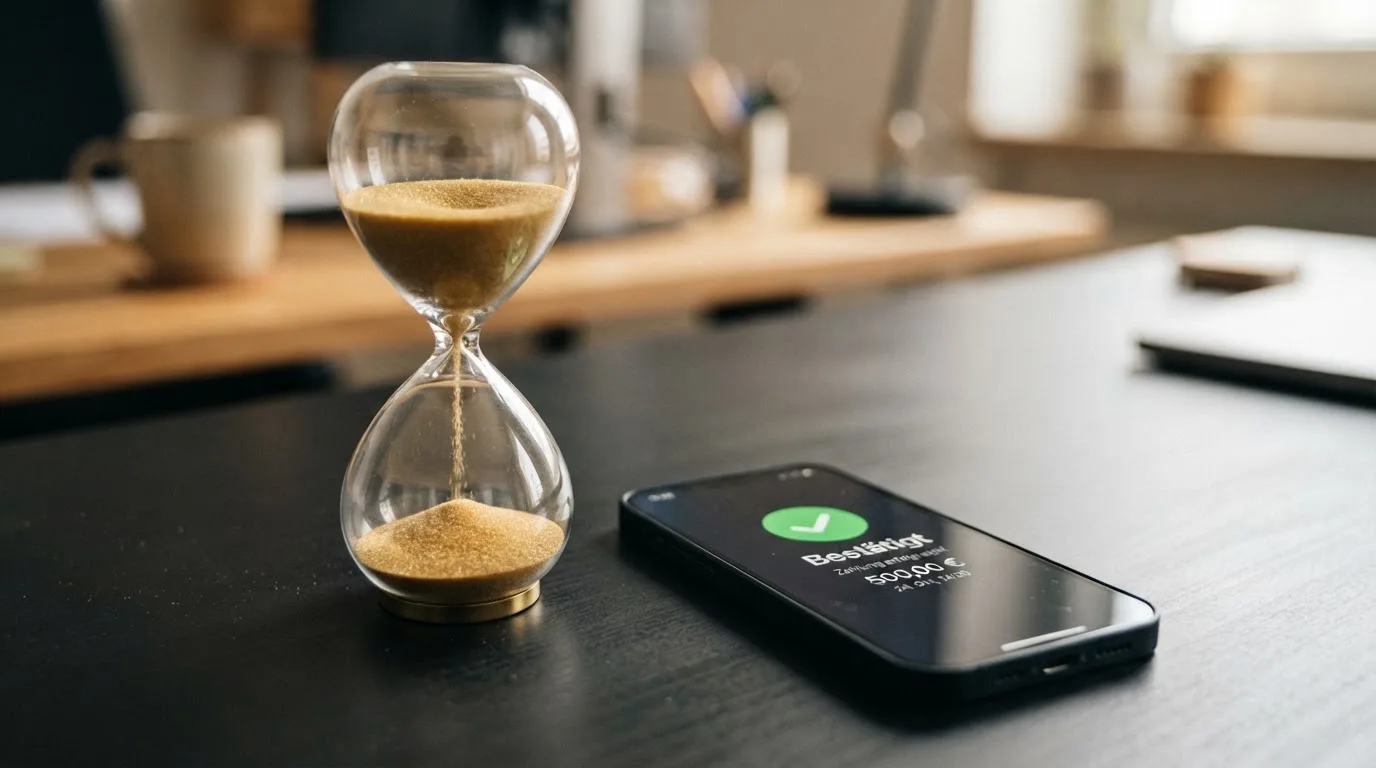 Nahaufnahme einer Sanduhr neben einem Smartphone-Bildschirm mit einer Zahlungsbestätigung.