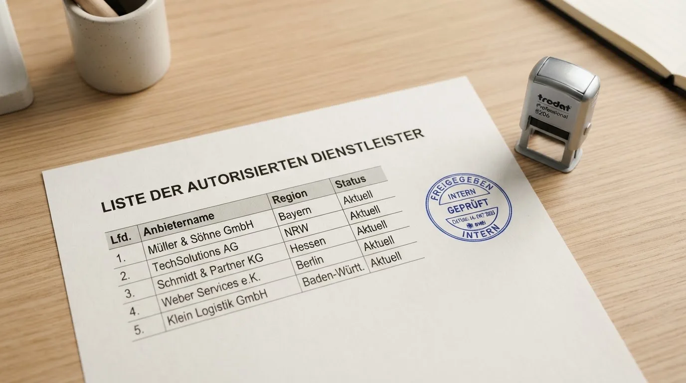 Nahaufnahme einer gedruckten Anbieterliste neben einem amtlichen Prüfsiegel.