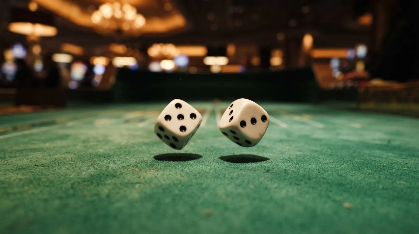 Nahaufnahme zweier rollender Würfel auf einem grünen Spieltisch.