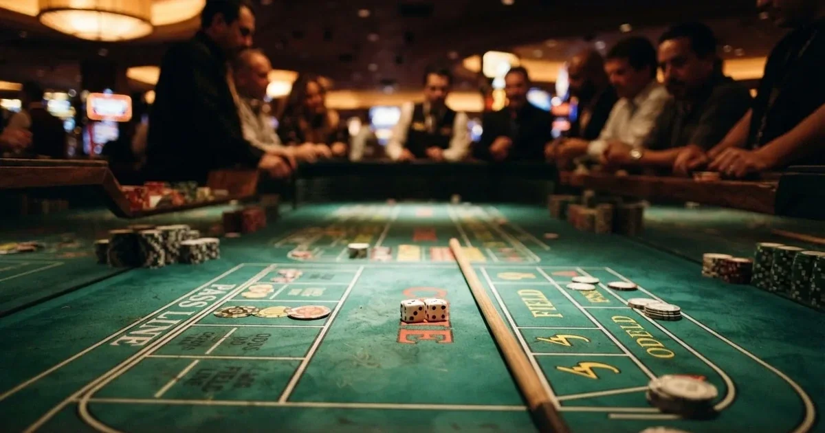 Nahaufnahme eines Craps-Tisches mit zwei Würfeln und mehreren Setzfeldern.