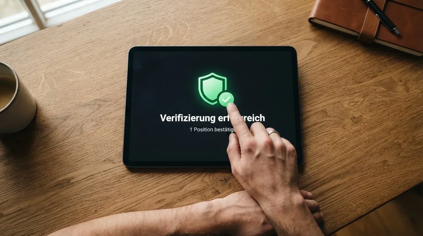 Nahaufnahme einer gedruckten Anbieterliste neben einem amtlichen Prüfsiegel.
