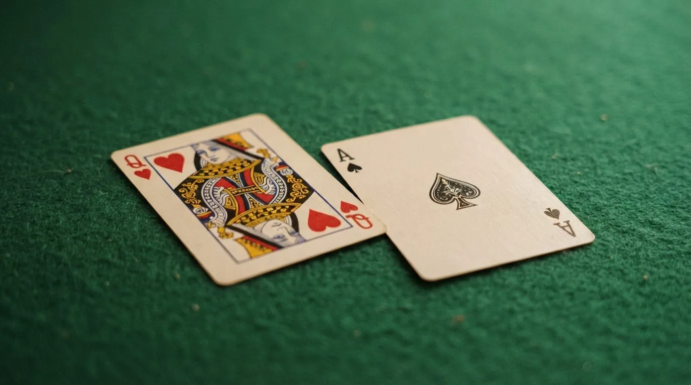 Nahaufnahme zweier aufgedeckter Spielkarten neben einem grünen Kartentisch.