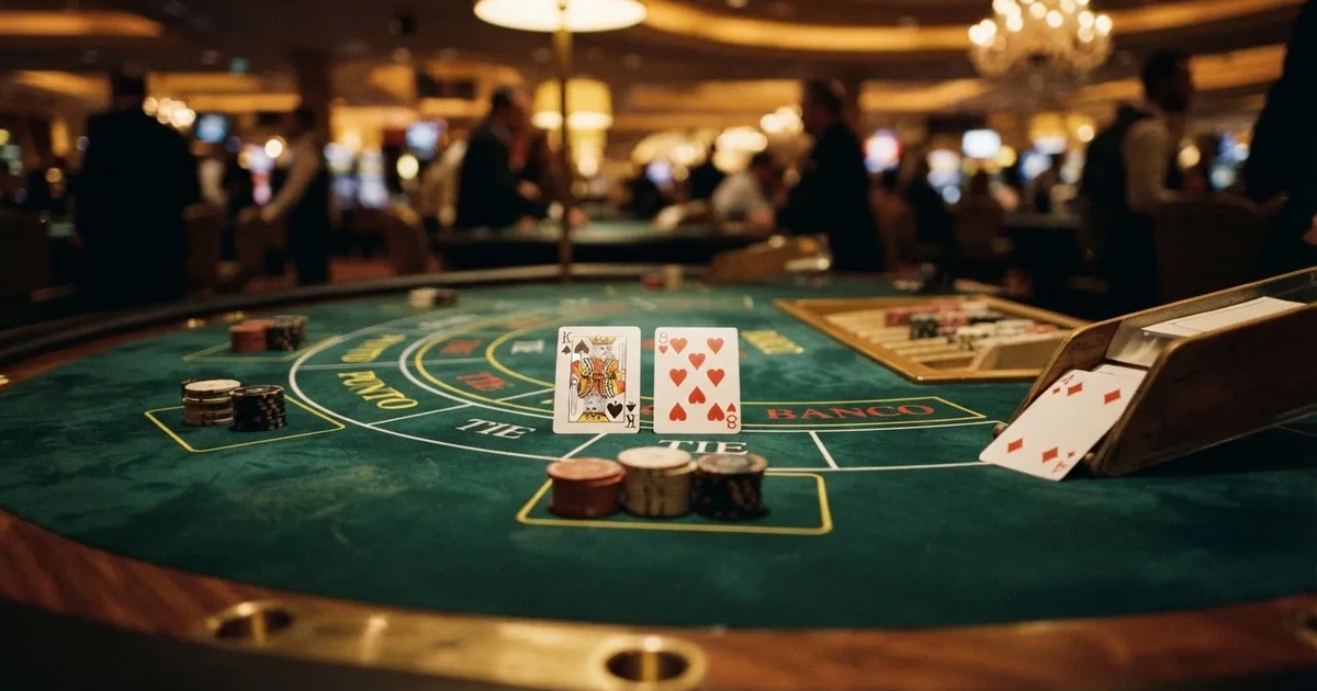Nahaufnahme eines Baccarat-Tisches mit Spielkarten und Setzfeldern für Punto und Banco.