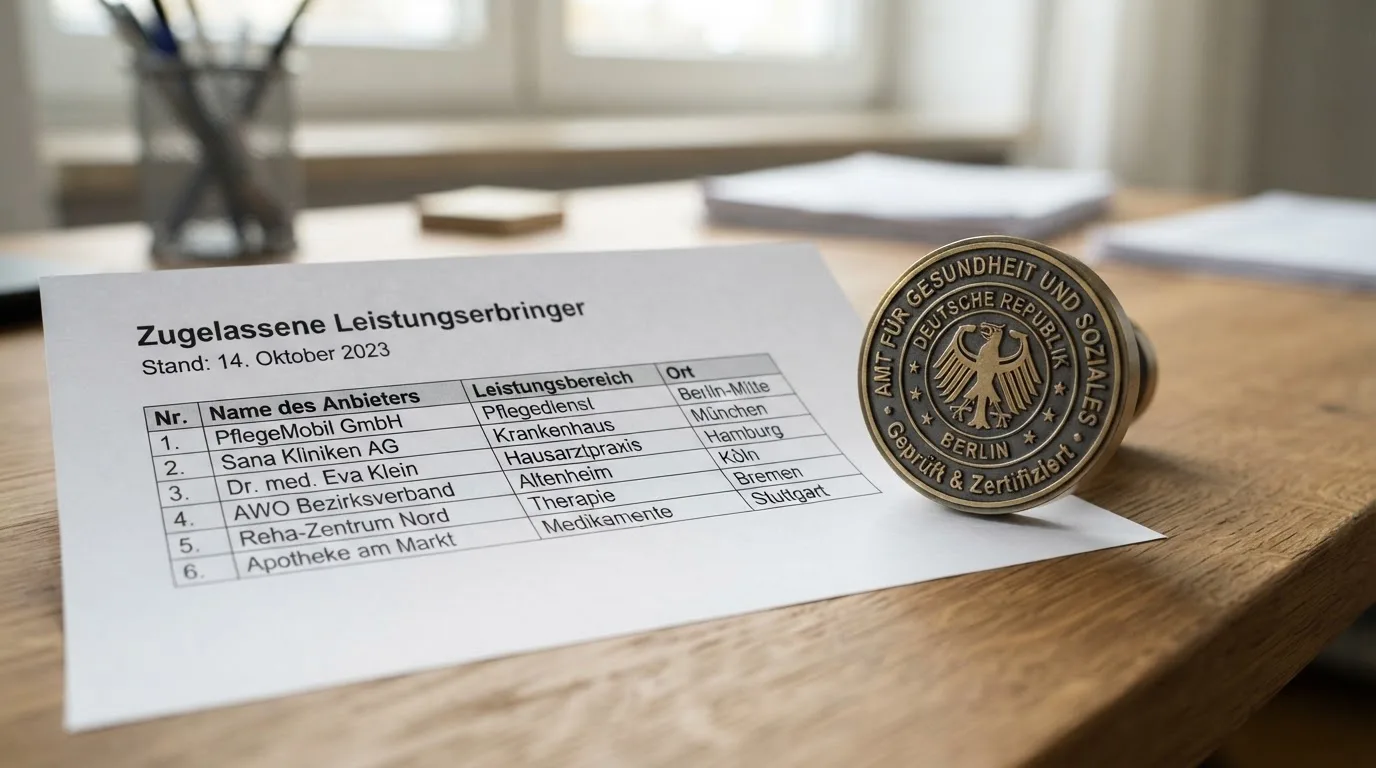 Nahaufnahme einer gedruckten Anbieterliste neben einem amtlichen Prüfsiegel.