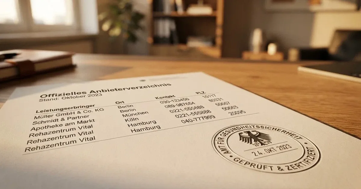 Nahaufnahme einer gedruckten Anbieterliste neben einem amtlichen Prüfsiegel.