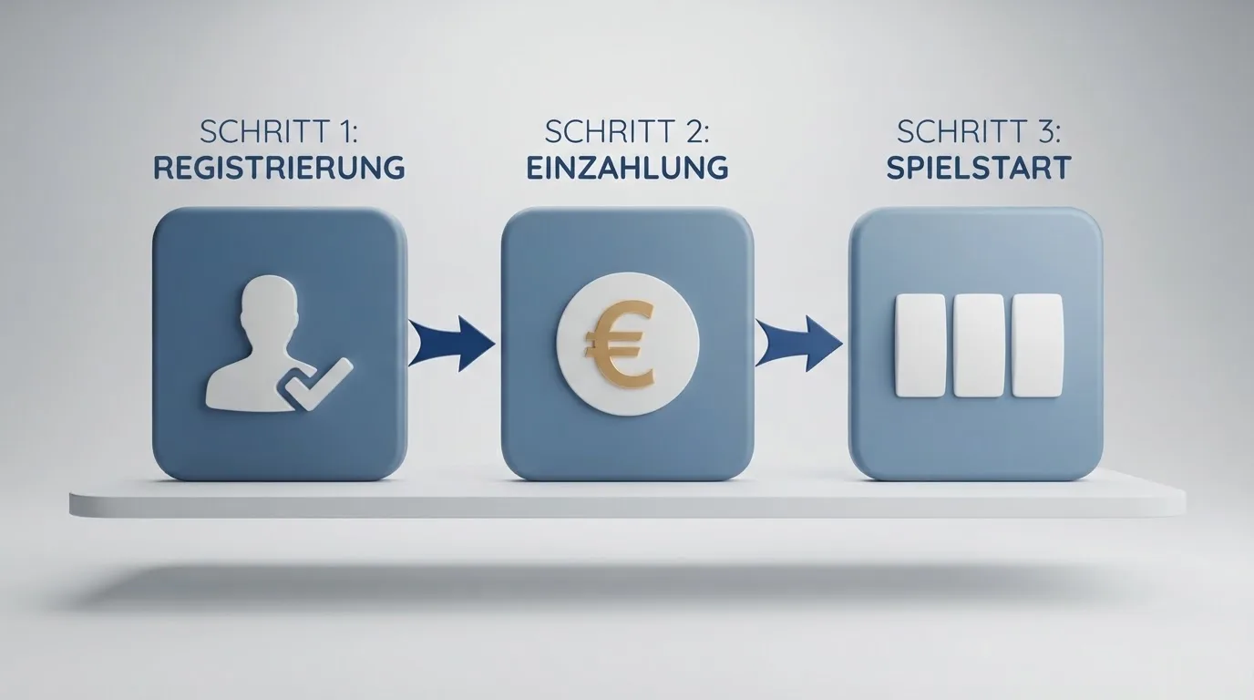 Schematische Illustration eines Ablaufdiagramms mit Pfeilen zwischen Kontoeröffnung, Einzahlung und Spielstart.