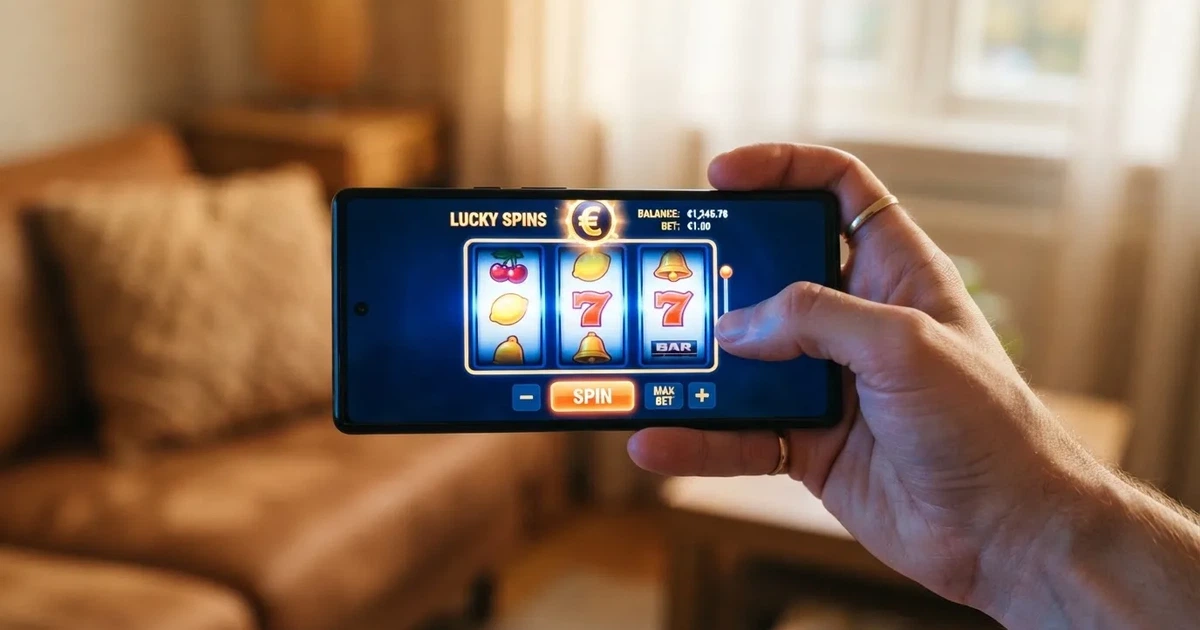 Nahaufnahme einer Hand, die ein Smartphone mit einer App-Startseite hält, im Hintergrund unscharf ein Wohnzimmer.