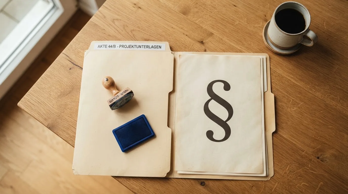 Symbolbild eines Aktenordners mit Paragraphenzeichen und einem Stempel auf einem Schreibtisch.