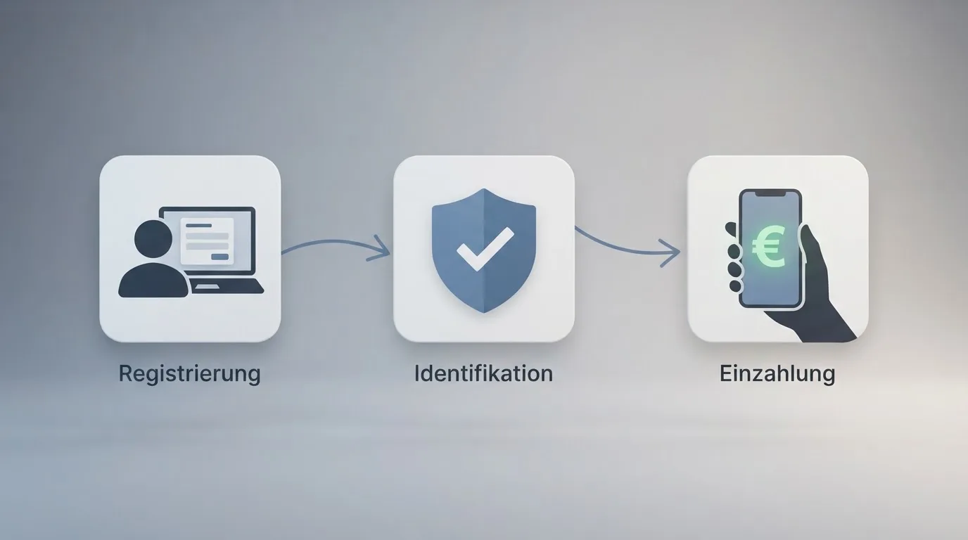 Schematische Darstellung eines Ablaufs von Kontoeröffnung über Identitätsprüfung bis zur ersten Einzahlung als einfaches Liniendiagramm.