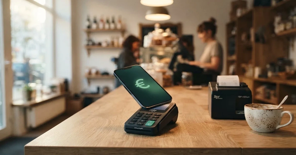 Nahaufnahme eines Smartphones, das kontaktlos an ein Zahlungsterminal gehalten wird, im Hintergrund eine Ladenkasse.
