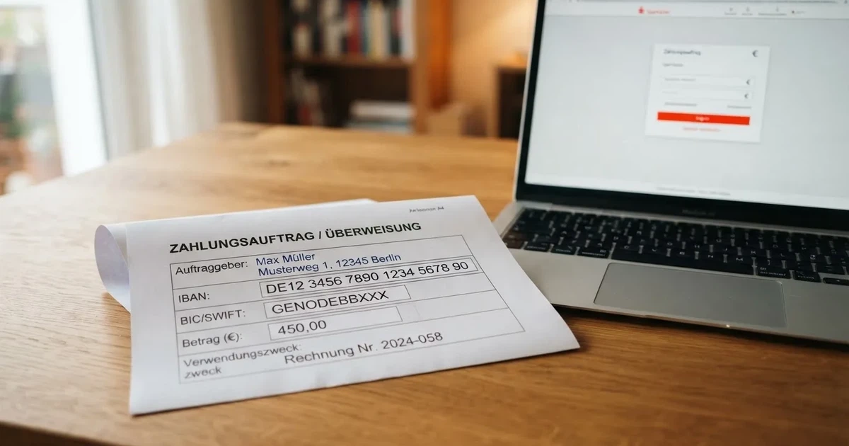 Nahaufnahme eines Überweisungsformulars mit IBAN-Feld auf einem Schreibtisch neben einem Laptop.
