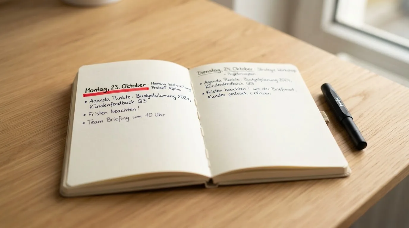 Nahaufnahme eines Kalenders mit einem markierten Datum auf einem Schreibtisch.