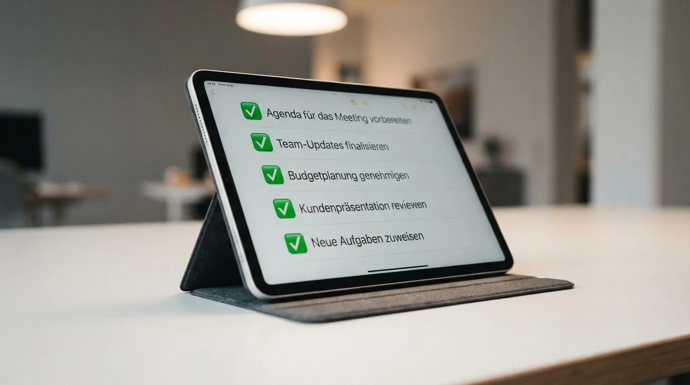 Tablet mit einer digitalen Liste und Häkchen-Symbolen auf einem Schreibtisch.