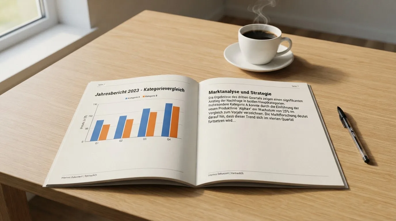Aufgeschlagener Bericht mit Balkendiagrammen auf einem Schreibtisch, daneben eine Tasse Kaffee.