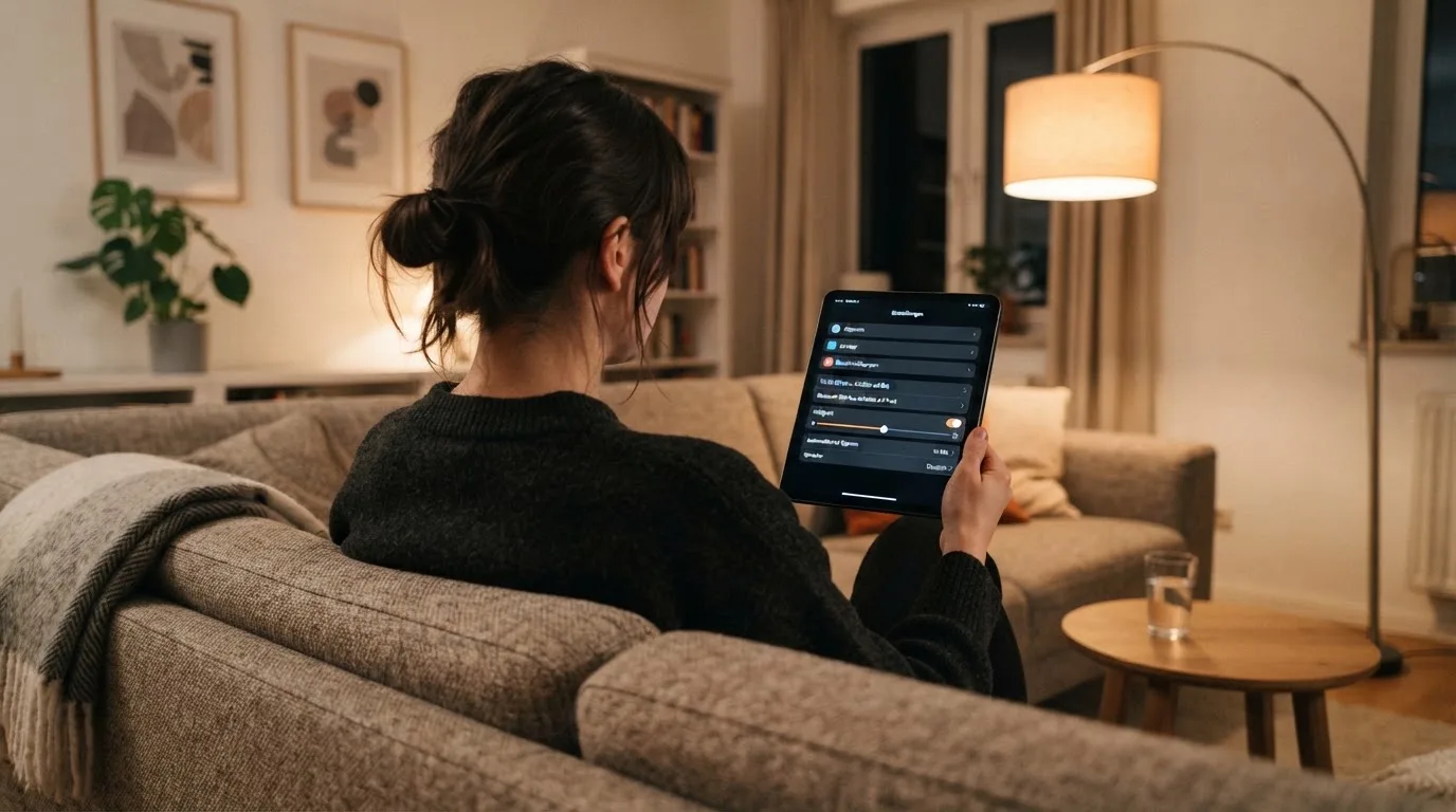 Person betrachtet nachdenklich eine App mit Einstellungsmenü auf einem Tablet in einem ruhigen Wohnzimmer.