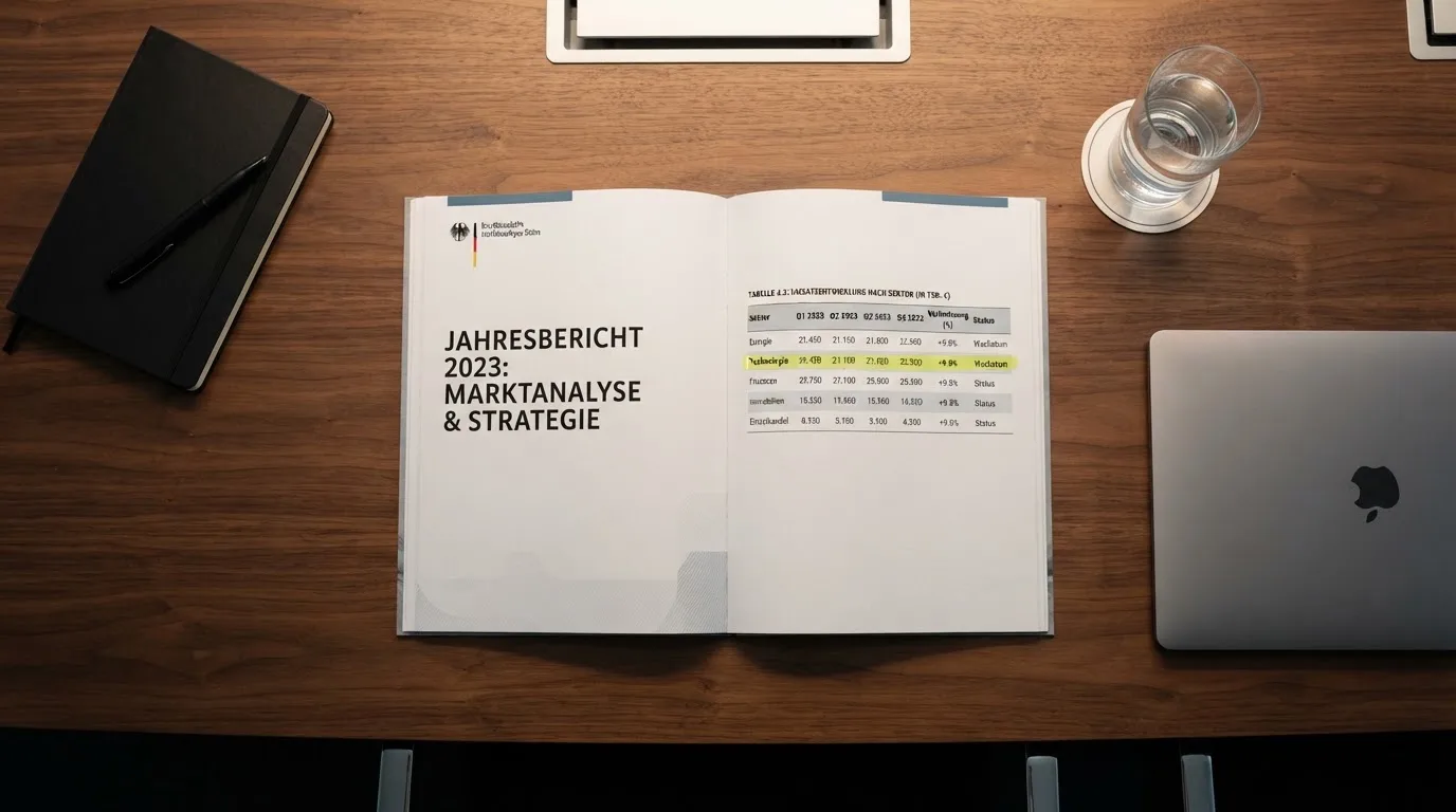 Aufgeschlagener amtlicher Bericht mit Tabellen und Prozentangaben auf einem Konferenztisch.