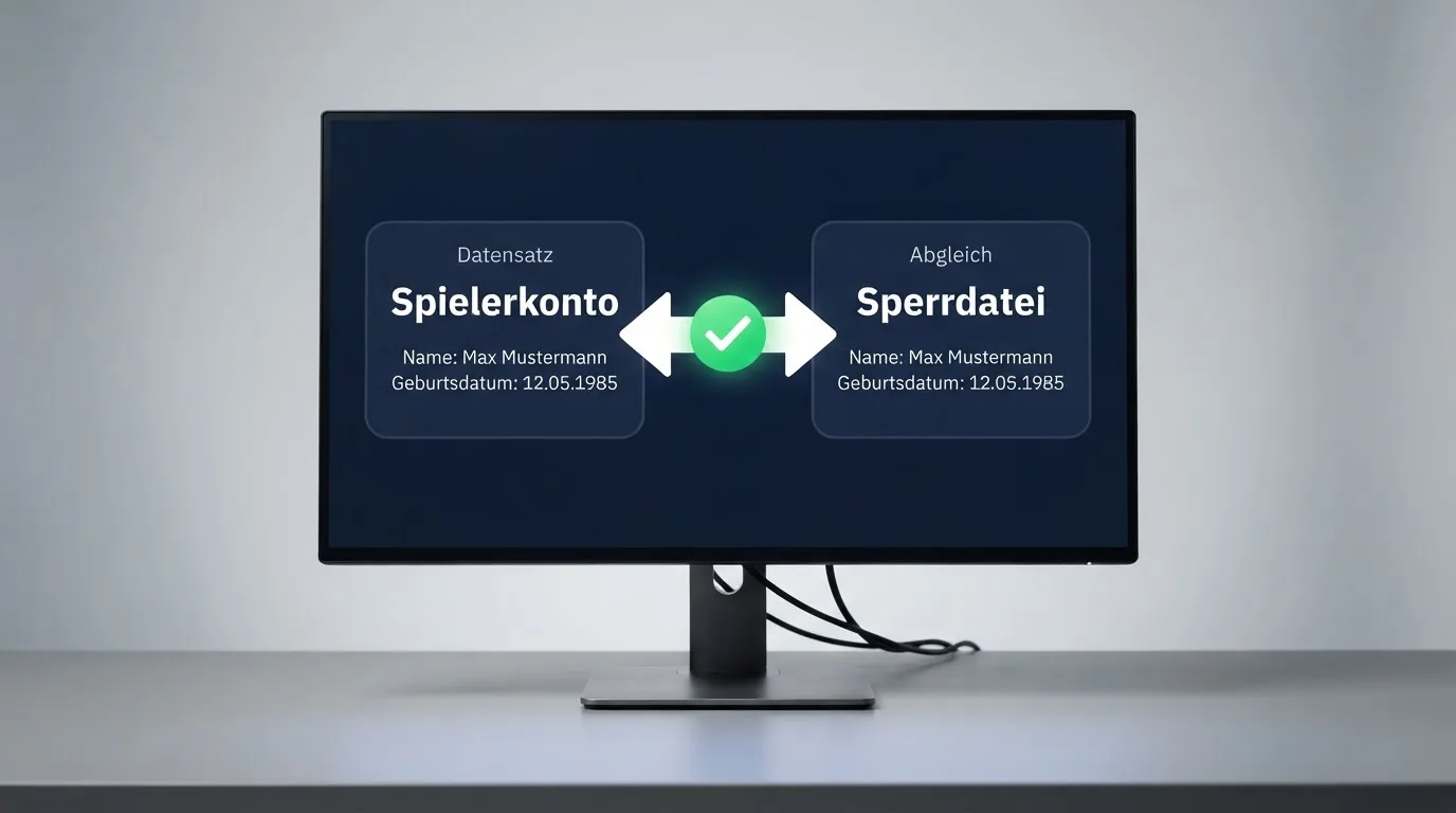 Schema eines Datenabgleichs zwischen einem Spielerkonto und einer zentralen Sperrdatei auf einem Monitor.