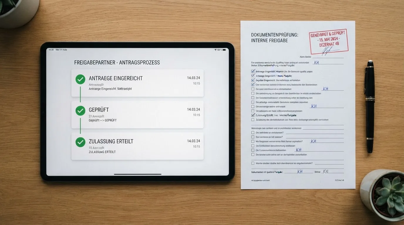 Schematische Darstellung eines Zulassungsprozesses mit mehreren Prüfstationen.