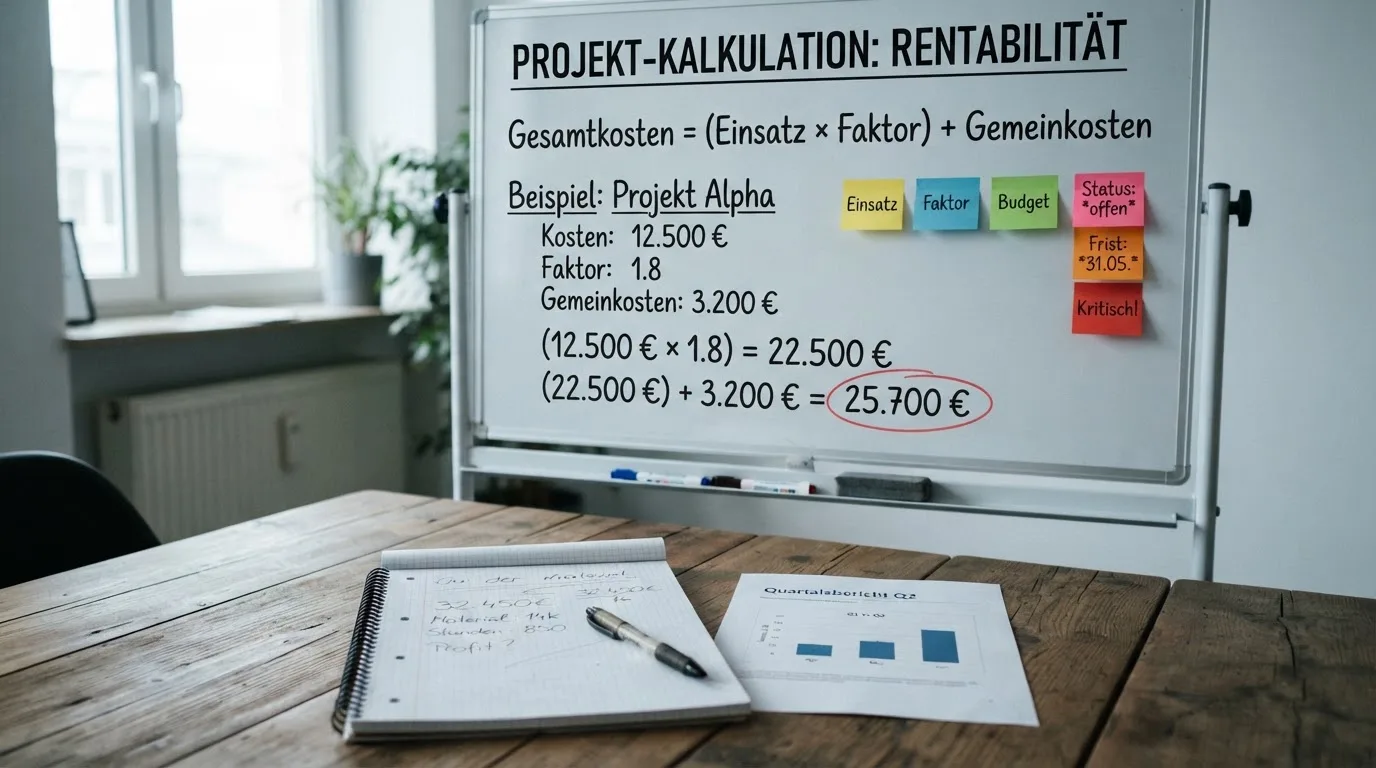 Rechenformel mit Prozentzahlen auf einem Whiteboard, umgeben von Notizzetteln.