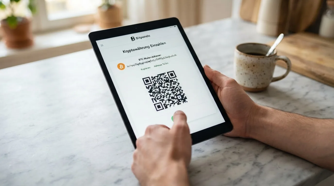 Nahaufnahme einer Hand, die auf einem Tablet einen QR-Code für eine Kryptowährungs-Einzahlung scannt.