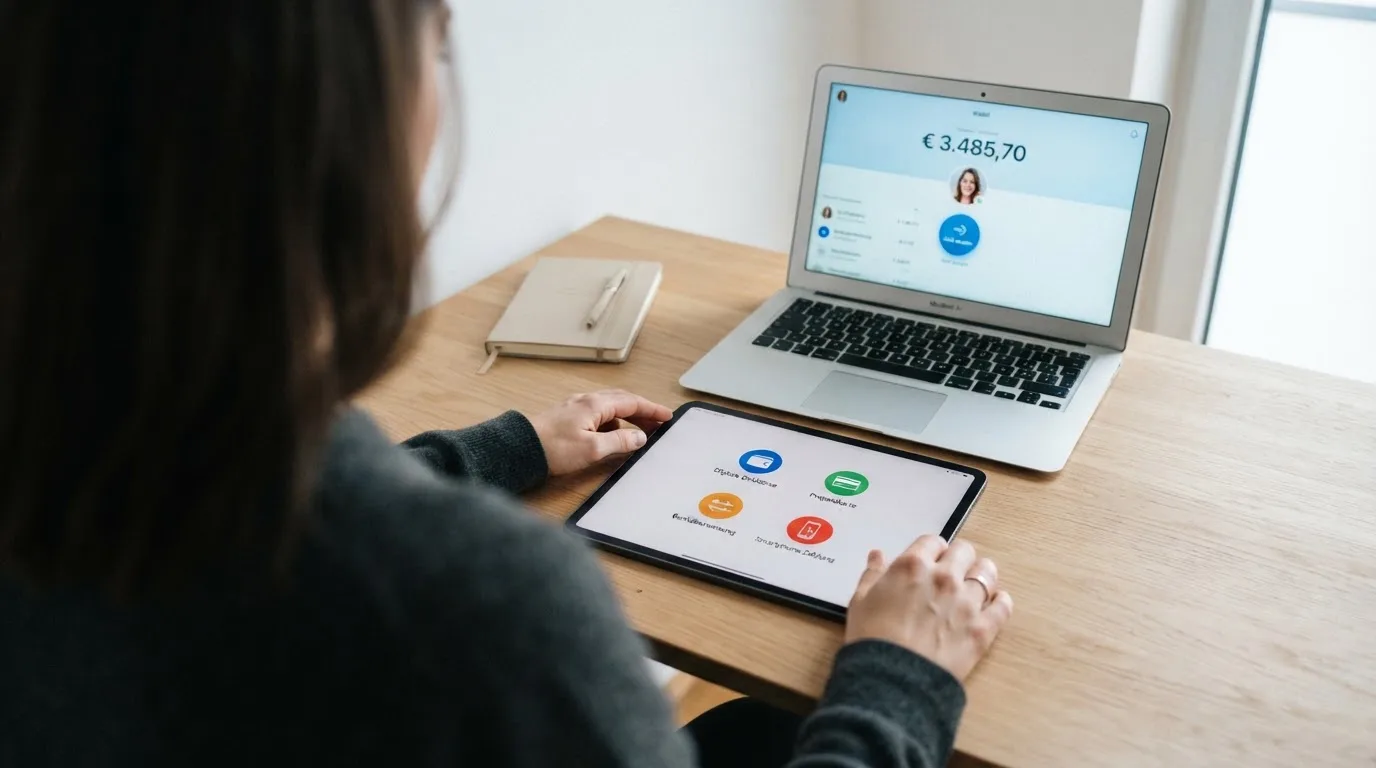 Person zeigt auf einem Tablet eine Liste von Zahlungsmethoden, während im Hintergrund ein Laptop mit einer Wallet-App steht.