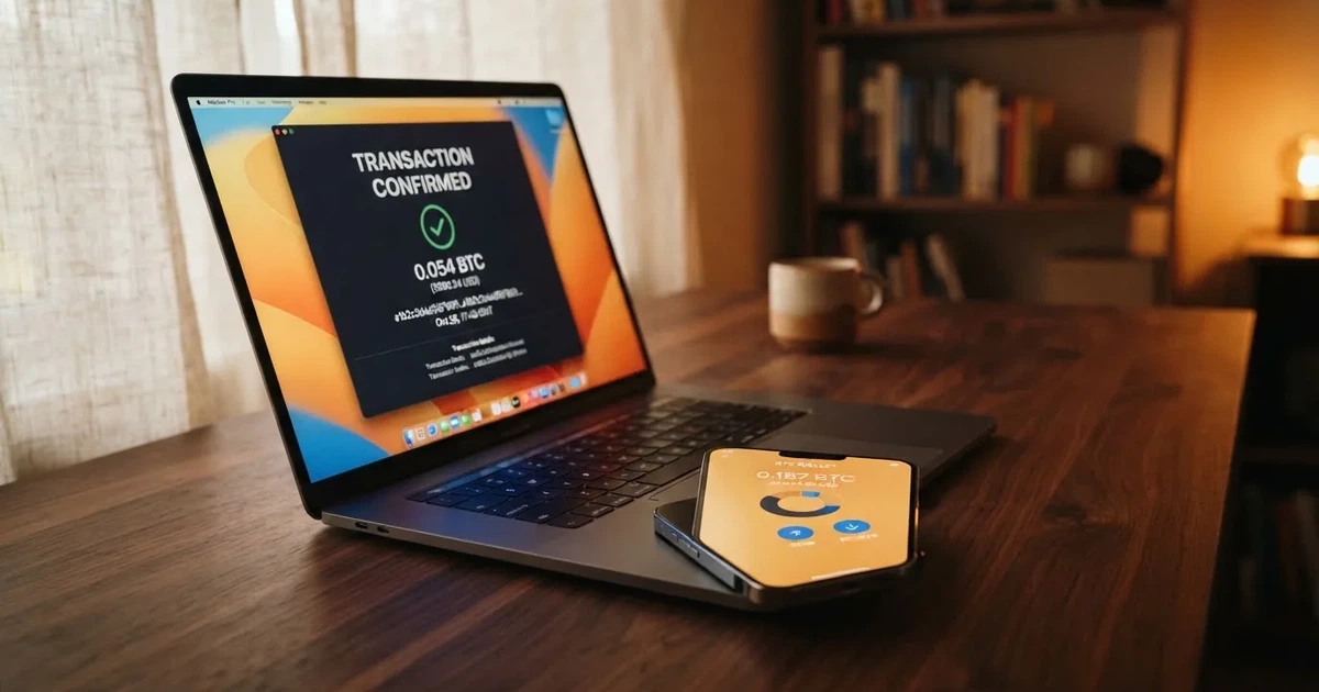 Nahaufnahme eines Laptop-Bildschirms mit einer Blockchain-Transaktionsliste neben einer digitalen Geldbörse auf einem Smartphone.