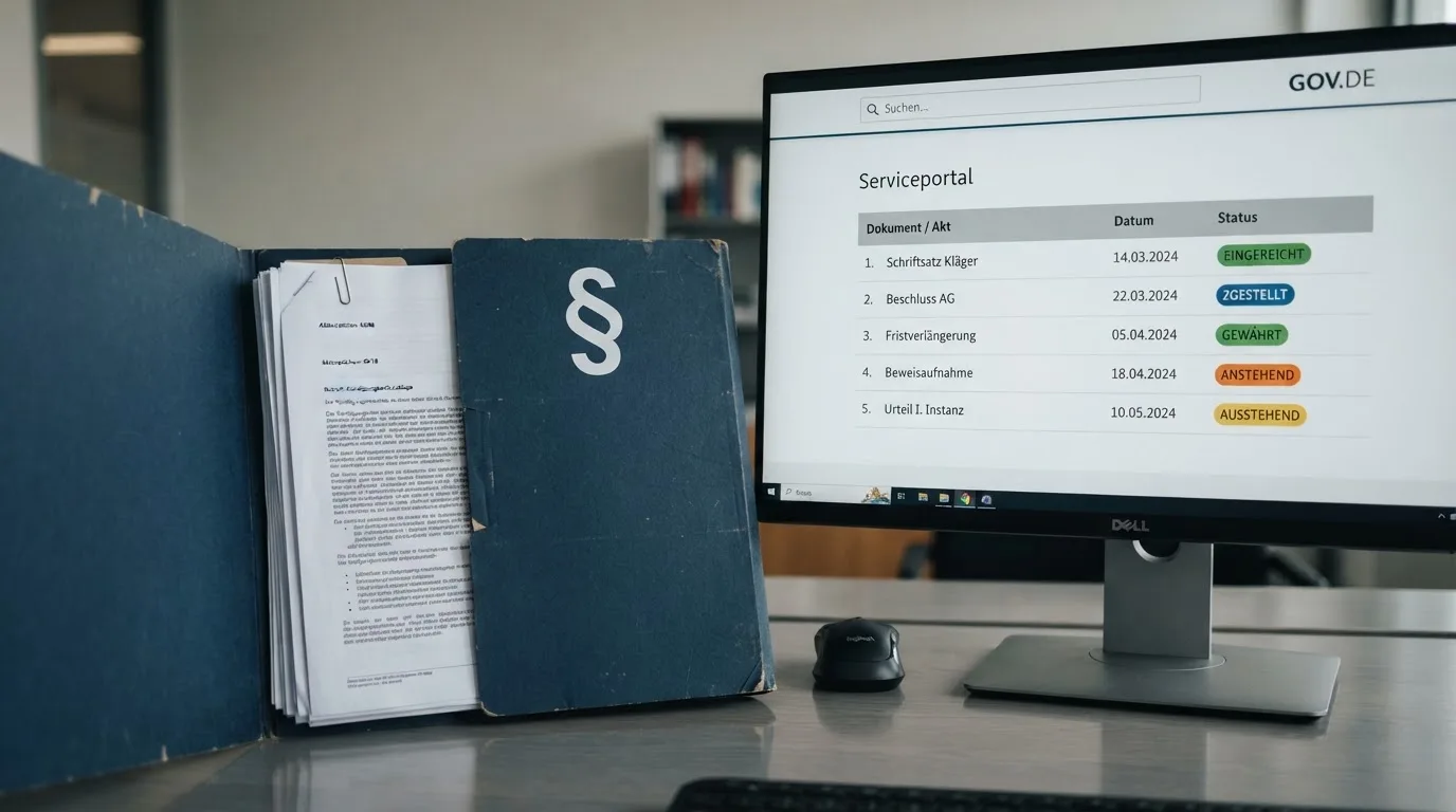 Nahaufnahme eines Aktenordners mit Paragraphenzeichen neben einem Computerbildschirm mit einer Behördenseite.