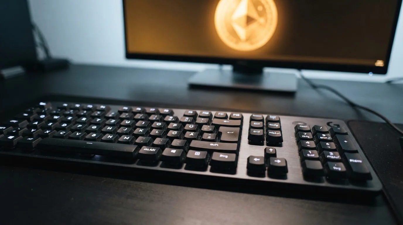 Nahaufnahme einer Computertastatur mit einem Bildschirm im Hintergrund, der ein Bitcoin-Symbol zeigt.